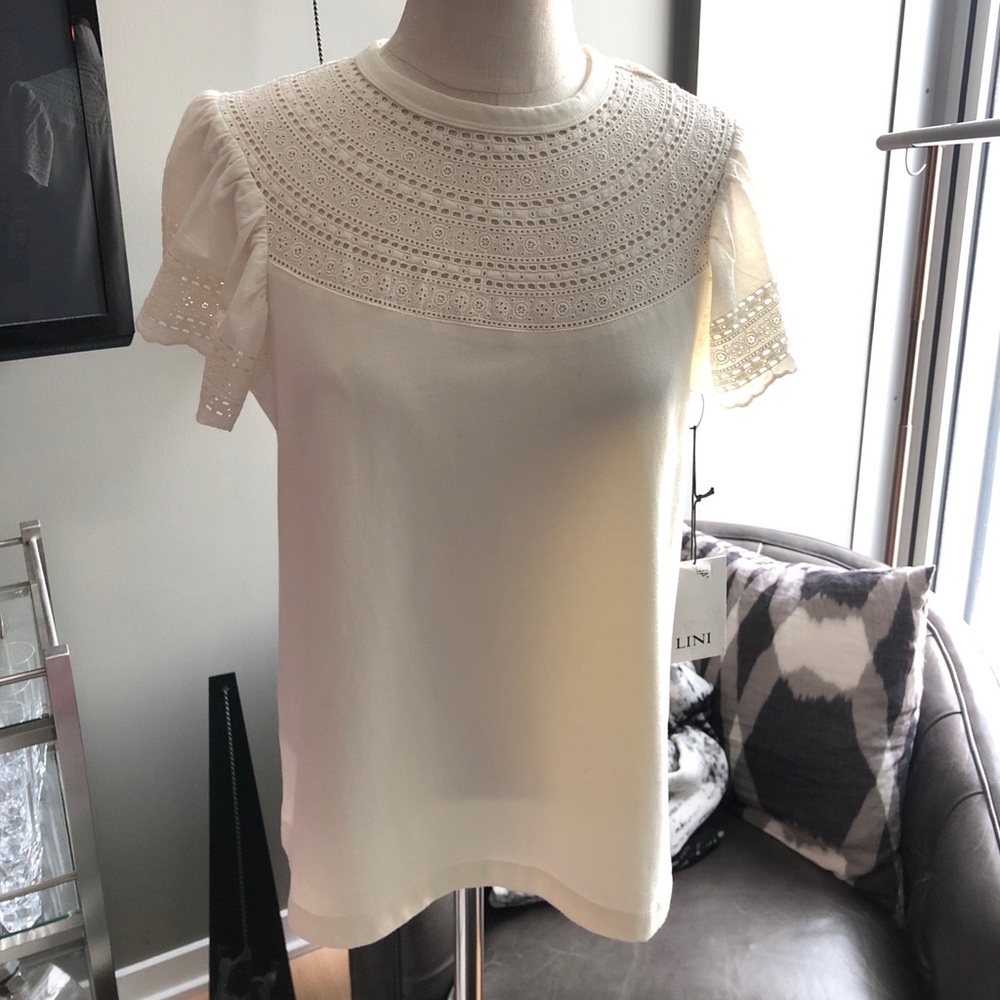New LINI Sydney Eyelet-Trim Tee Shirt in White Size Medium